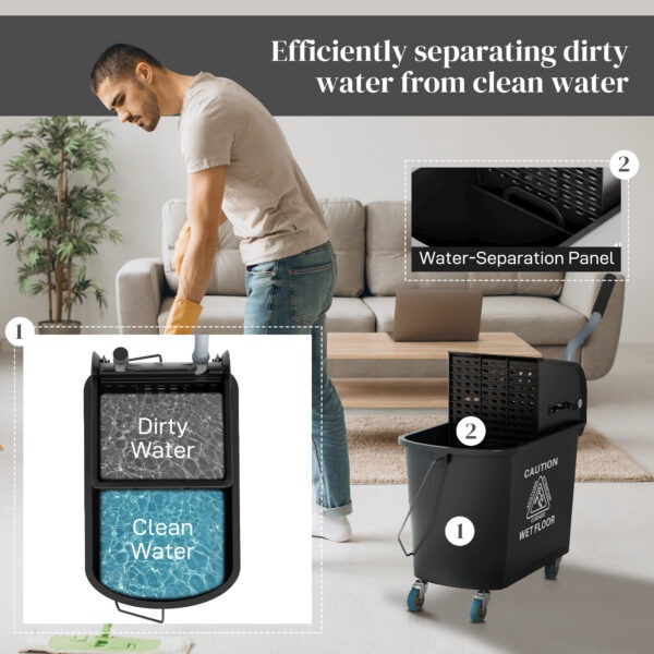 aDr3ce194949d5d7b.jpg Compact Mop Bucket with Wringer, Mop Bucket on Wheels, 5 Gallon, Separate Dirty and Clean Water, Black