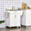 Kitchen Island with Stainless Steel Top, Rolling Kitchen Cart on Wheels with Storage Drawer, Cabinet, Towel Rack and Spice Rack (White)