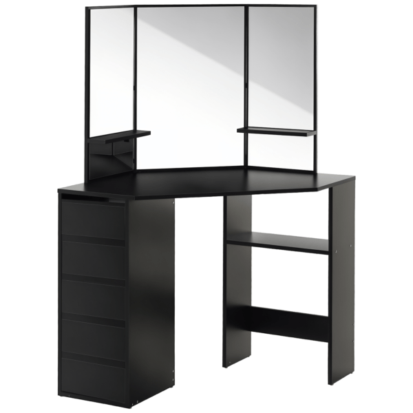 Corner Vanity Desk with Mirror, Makeup Vanity Table with 5 Drawers and Open Shelves, Dressing Table with 3-piece Mirror for Bedroom, Black