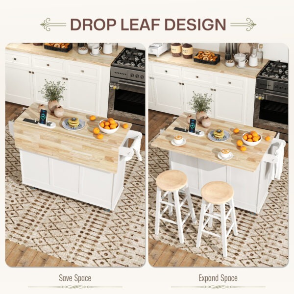 Kitchen Island on Wheels with Drop Leaf, Charging Station, Rolling Kitchen Cart with Wood Top, Adjustable Shelf, White