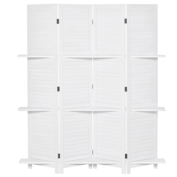 4-Panel Wall Partition Room Separator with 3 Storage Shelves Foldable Design Wooden Frame 5.6FT White