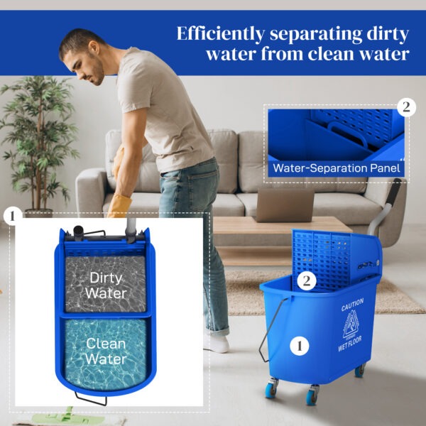 Compact Mop Bucket with Wringer, Mop Bucket on Wheels for Floor Cleaning, 5 Gallon, Separate Dirty and Clean Water, Blue