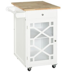 Kitchen Cart on Wheels, Rolling Kitchen Island with Drawer, Glass Door, Towel Rack and Adjustable Shelf, White