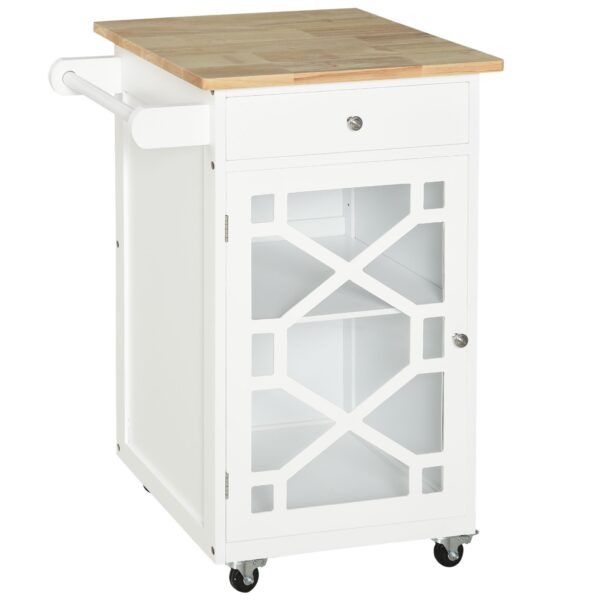 Kitchen Cart on Wheels, Rolling Kitchen Island with Drawer, Glass Door, Towel Rack and Adjustable Shelf, White
