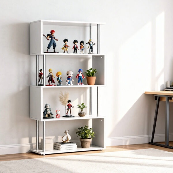 5-Tiers Geometric Wooden Bookcase S-Shaped Storage Bookshelf Display with Metal Frame for Living Room, Bedroom, Home Office, White