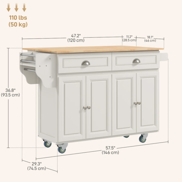 Kitchen Island with Storage, Rolling Kitchen Island with Drop Leaf, Rubber Wood Top and Adjustable Shelves, Cream White