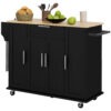 Modern Rolling Kitchen Island Cart with Drawers, Natural Wood Top, Towel Rack, Door Storage Cabinet, Black