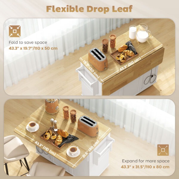 Kitchen Island Cart, Portable Kitchen Island Table with Charging Station, Rubber Wood Drop Leaf, Trash Storage, White