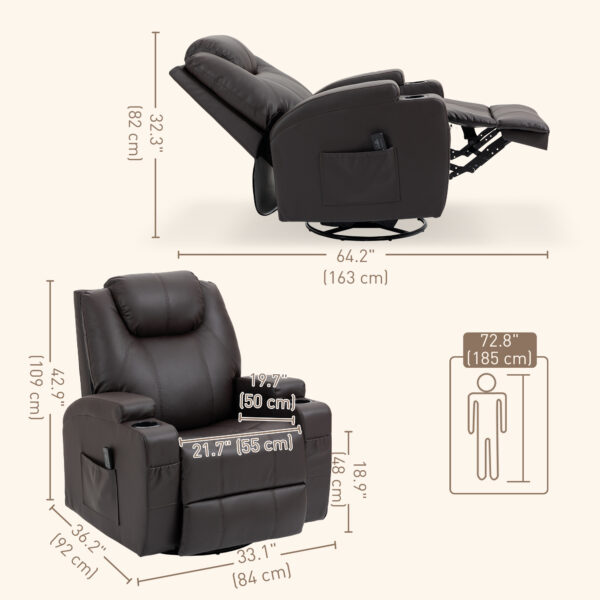 Massage Recliner Chair, Swivel Nursery Rocker Chair, Manual Reclining Sofa with 8 Vibration Points, PU Leather, Cup Holders, Side Pockets, for Living Room, Brown