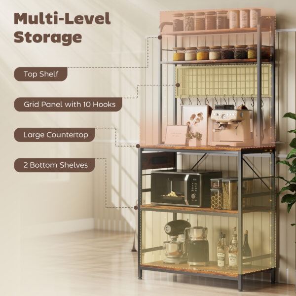 Kitchen Baker's Rack with Power Outlet and LED Light, 5-Tier Coffee Bar Station with 10 Hooks, Rustic Brown