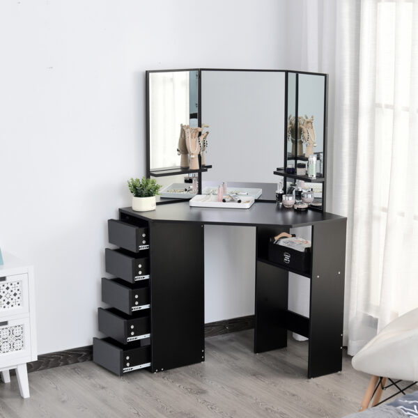 Corner Vanity Desk with Mirror, Makeup Vanity Table with 5 Drawers and Open Shelves, Dressing Table with 3-piece Mirror for Bedroom, Black