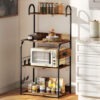 Baker's Rack with Charing Station, Microwave Shelf with Power Outlet, USB Charger and 4 Hooks, Rustic Brown