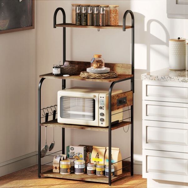 Baker's Rack with Charing Station, Microwave Shelf with Power Outlet, USB Charger and 4 Hooks, Rustic Brown