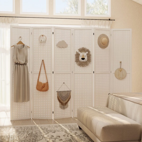 5.6 Ft. Tall 6-Panel Room Divider, Pegboard Panel Folding Privacy Screen, Partition Wall Divider for Bedroom, White