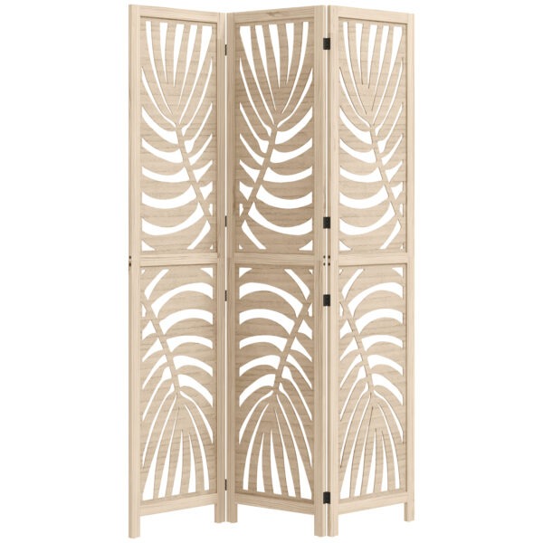 cYf5ac19491e47ad9.jpg 3 Panel Room Divider, Detachable Folding Privacy Screens with Palm Leaf Design for Home Office, Natural Wood Finish