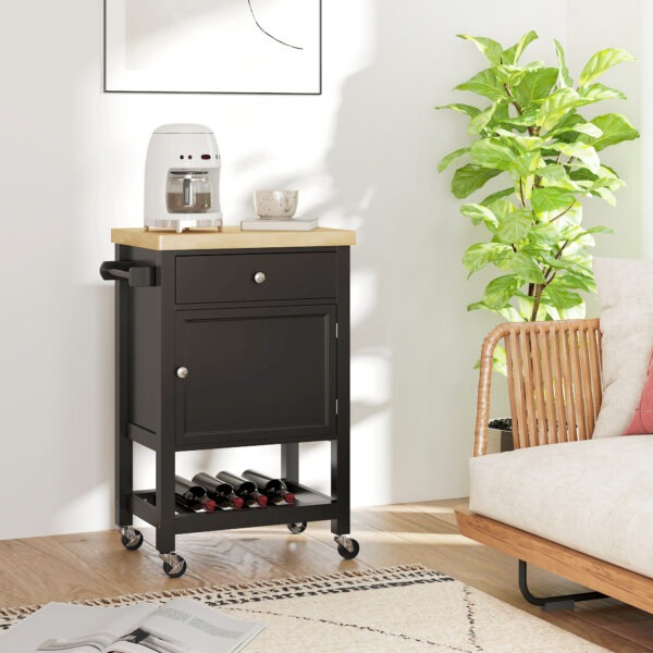 cZt803195a51fe35a.jpg Kitchen Island on Wheels, Rolling Kitchen Cart with Wood Top, Towel Rack, Drawer and Shelf for Dining Area, Black