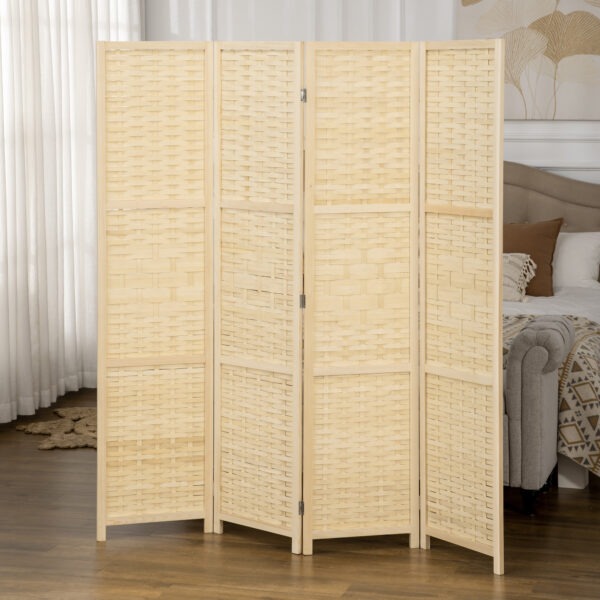 d2rff019c52289224.jpg 4-Panel Room Divider, 5.6 FT Bamboo Freestanding Folding Privacy Screen for Indoor Bedroom Office, Natural Wood