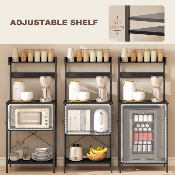 Kitchen Baker's Rack with Power Outlet, Coffee Bar Station with Adjustable Shelves and Hooks, Distressed Black