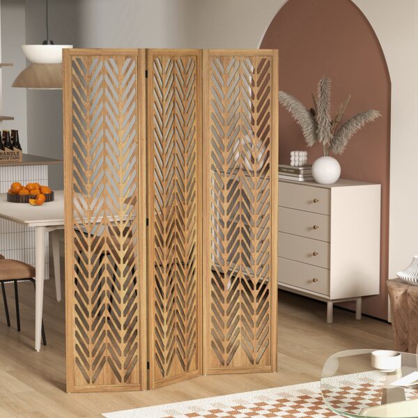 dZe37219bd5650b54.jpg 3 Panel Room Divider, 5.6ft Tall Wood Folding Privacy Screens, Freestanding Partition Wall Dividers, Light Brown