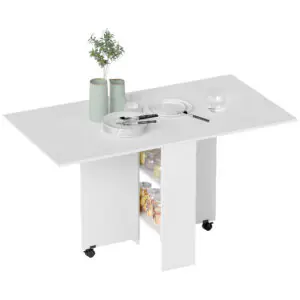 dcM1e7197ea06b4e2.jpg Extendable Dining Table, Collapsible Folding Table w/ 2-tier Shelves and Rolling Casters, White