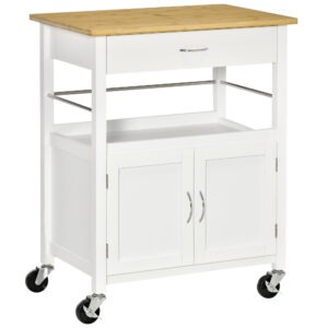 Kitchen Cart, Utility Trolley, Small Kitchen Island with Storage Drawer & Side Hooks for Dining Room, White
