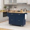 Kitchen Island with Storage, Rolling Kitchen Island with Drop Leaf, Rubber Wood Top and Adjustable Shelves, Navy Blue