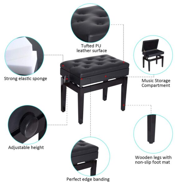 Adjustable Piano Bench with Storage and Soft PU Leather Padded, with Enough Music Storage Design, Black