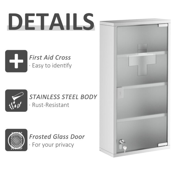Wall Mount Medicine Cabinet, Bathroom Cabinet with 4 Tier Shelves, Stainless Steel Frame and Glass Door, Lockable with 2 Keys, Silver, 12" x 23.5"