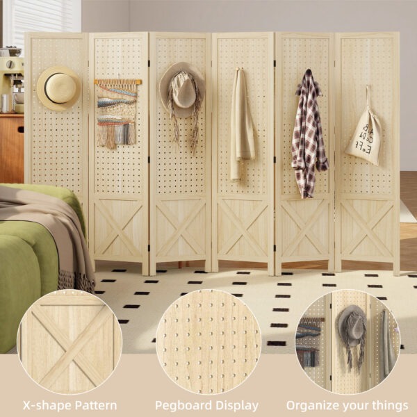 Wooden Room Divider with Pegboard Display, 6 Panel Folding Privacy Screen for Home Office, Natural Wood