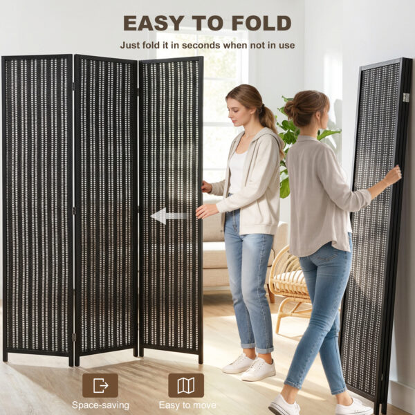 Folding Privacy Screen, 3 Panel Room Divider, Freestanding Partition with Handwoven Bamboo and Pine Wood Frame, Black
