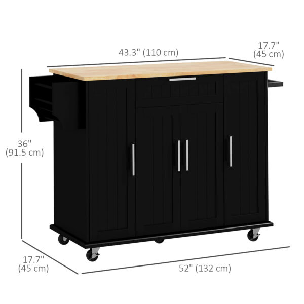 Modern Rolling Kitchen Island Cart with Drawers, Natural Wood Top, Towel Rack, Door Storage Cabinet, Black