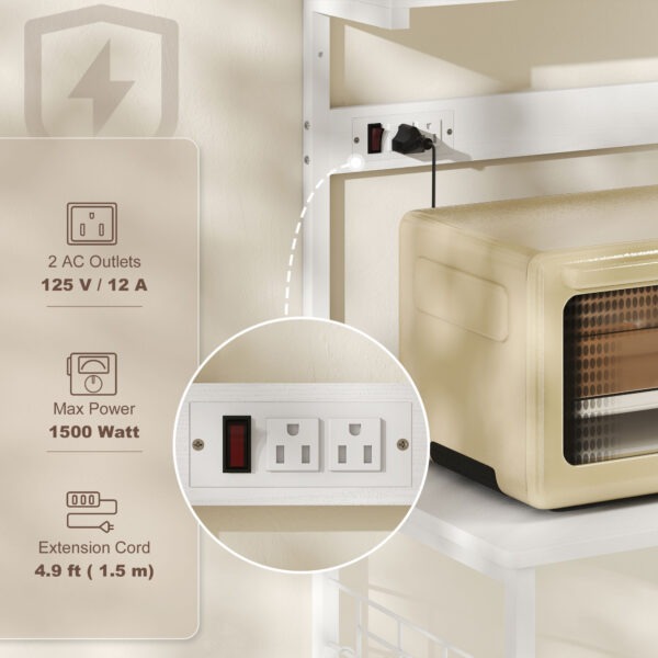 Kitchen Baker's Rack with Power Outlet, Coffee Bar Station with Adjustable Shelves and Hooks, Distressed White