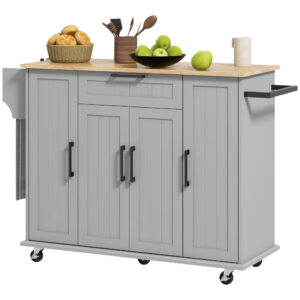 Modern Rolling Kitchen Island Cart with Drawers, Natural Wood Top, Towel Rack, Door Storage Cabinet, Grey