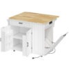 Kitchen Island Cart, Portable Kitchen Island Table with Charging Station, Rubber Wood Drop Leaf, Trash Storage, White