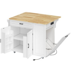 Kitchen Island Cart, Portable Kitchen Island Table with Charging Station, Rubber Wood Drop Leaf, Trash Storage, White