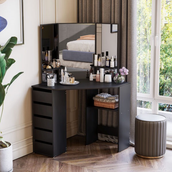 Corner Vanity Desk with Mirror, Makeup Vanity Table with 5 Drawers and Open Shelves, Dressing Table with 3-piece Mirror for Bedroom, Black
