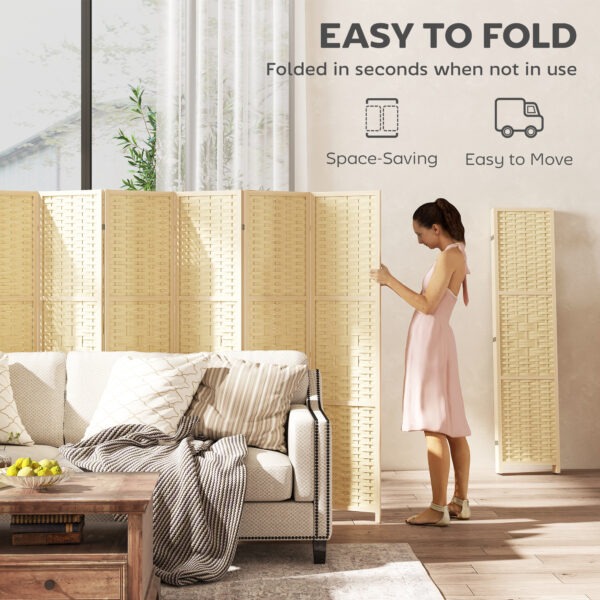 6-Panel Room Divider, 5.6 FT Freestanding Folding Privacy Screen, Partition Wall Divider, Natural Wood