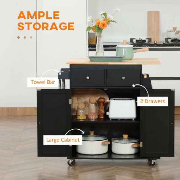 Rolling Kitchen Island Trolley Storage Cart with Rubber Wood Top, 3-Tier Spice Rack, Towel Rack Home Kitchen Carts, Black