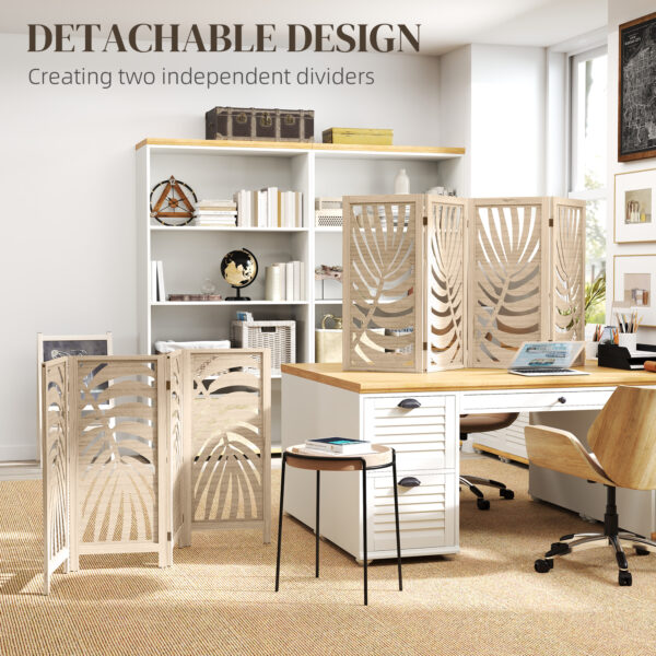 fOmc2619491e47a89.jpg 4 Panel Room Divider, Detachable Folding Privacy Screens with Palm Leaf Design for Home Office, Natural Wood Finish