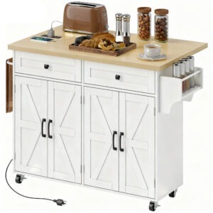 Kitchen Island with Storage, Rolling Kitchen Cart with Charging Station, Drop Leaf, Spice Rack, Towel Rack, Drawers