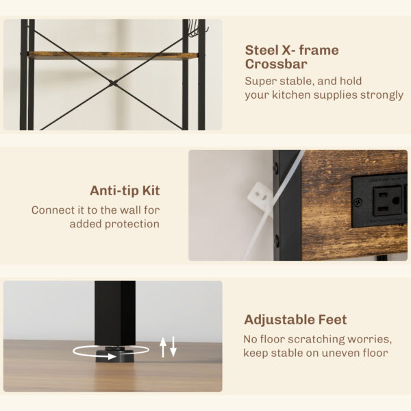 Kitchen Baker's Rack with Power Outlet, Coffee Bar Station with Adjustable Shelves and Hooks, Rustic Brown