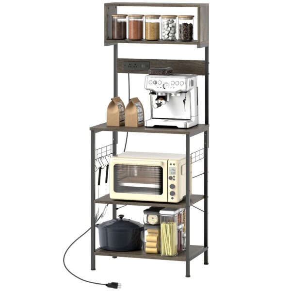Distressed grey baker’s rack with charging station, shelves, and 5 hooks.