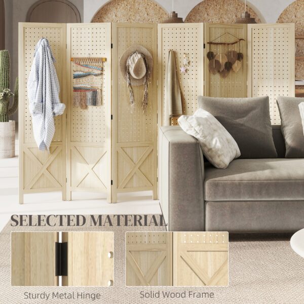 Wooden Room Divider with Pegboard Display, 6 Panel Folding Privacy Screen for Home Office, Natural Wood