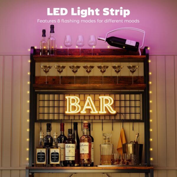 Kitchen Baker's Rack with Power Outlet and LED Light, 5-Tier Coffee Bar Station with 10 Hooks, Rustic Brown