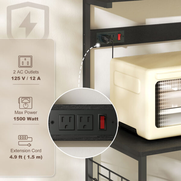 fws7f919bb75b93ef.jpg Kitchen Baker's Rack with Power Outlet, Coffee Bar Station with Adjustable Shelves and Hooks, Rustic Brown