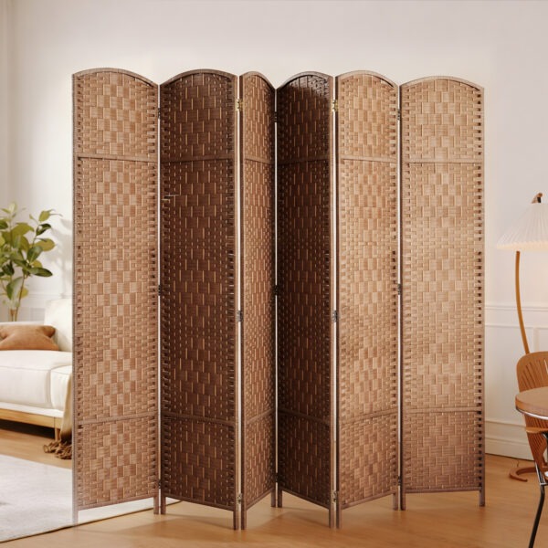 6ft Folding Room Divider, 6 Panel Wall Partition with Wooden Frame for Bedroom, Home Office, Natural