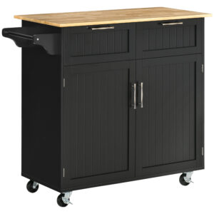 Rolling Kitchen Island, Kitchen Cart on Wheels with 2 Storage Drawers, 2 Door Cabinets and Towel Rack for Dining Room (Black, 2-Doors)