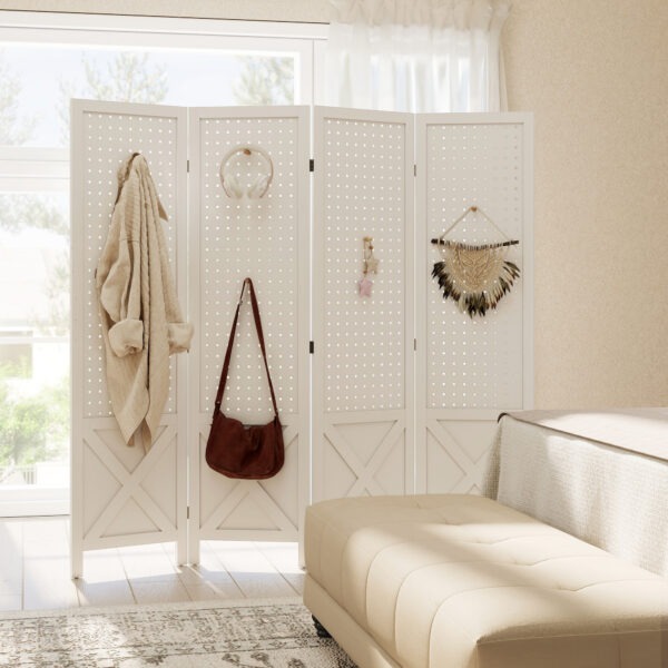 gnhe2519c52979301.jpg 56.9" 4 Panel Wooden Room Divider with Pegboard Display, Folding Privacy Screen for Home Office, White