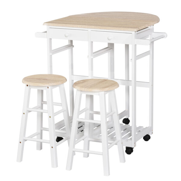hCbe84194941dc388.jpg Kitchen Trolley 3 Piece Kitchen Cart Set Drop Leaf Breakfast Table and 2 Stools w/ Rolling Wheels & Towel Bars, Wood & White