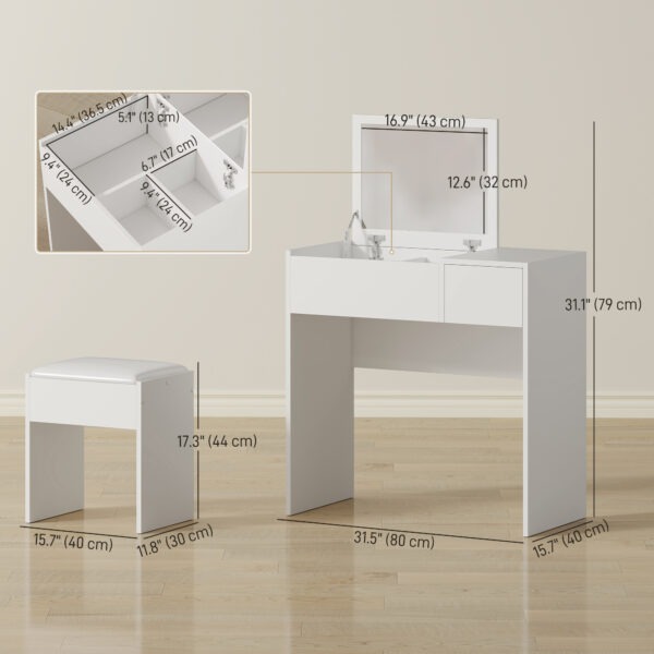 Modern Vanity Set with Flip Top Mirror and Cushioned Stool, Dressing Table with Storage Drawer for Bedroom, White